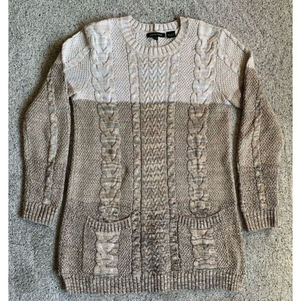 Jeanne Pierre Womens Cable Knit Long Sleeve Tan‎ Long Sweater With Pockets SMALL